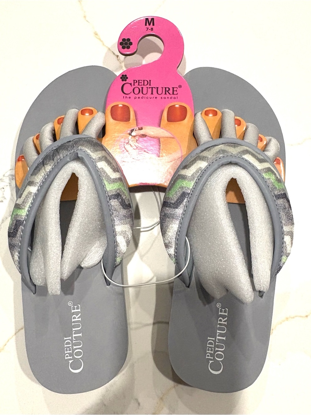 Women’s Pedi Couture Gray and Silver Multi Striped Pedicure Flip Flops. Size M